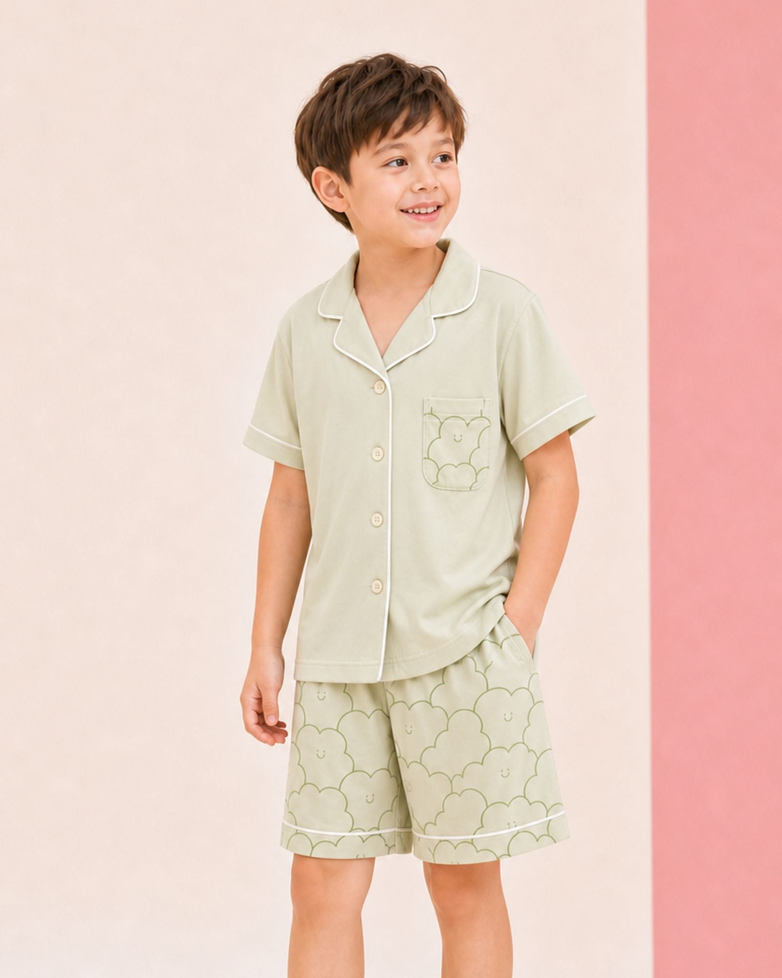 預購:兒童雲朵翻領家居服套裝 - 青檸蘇打