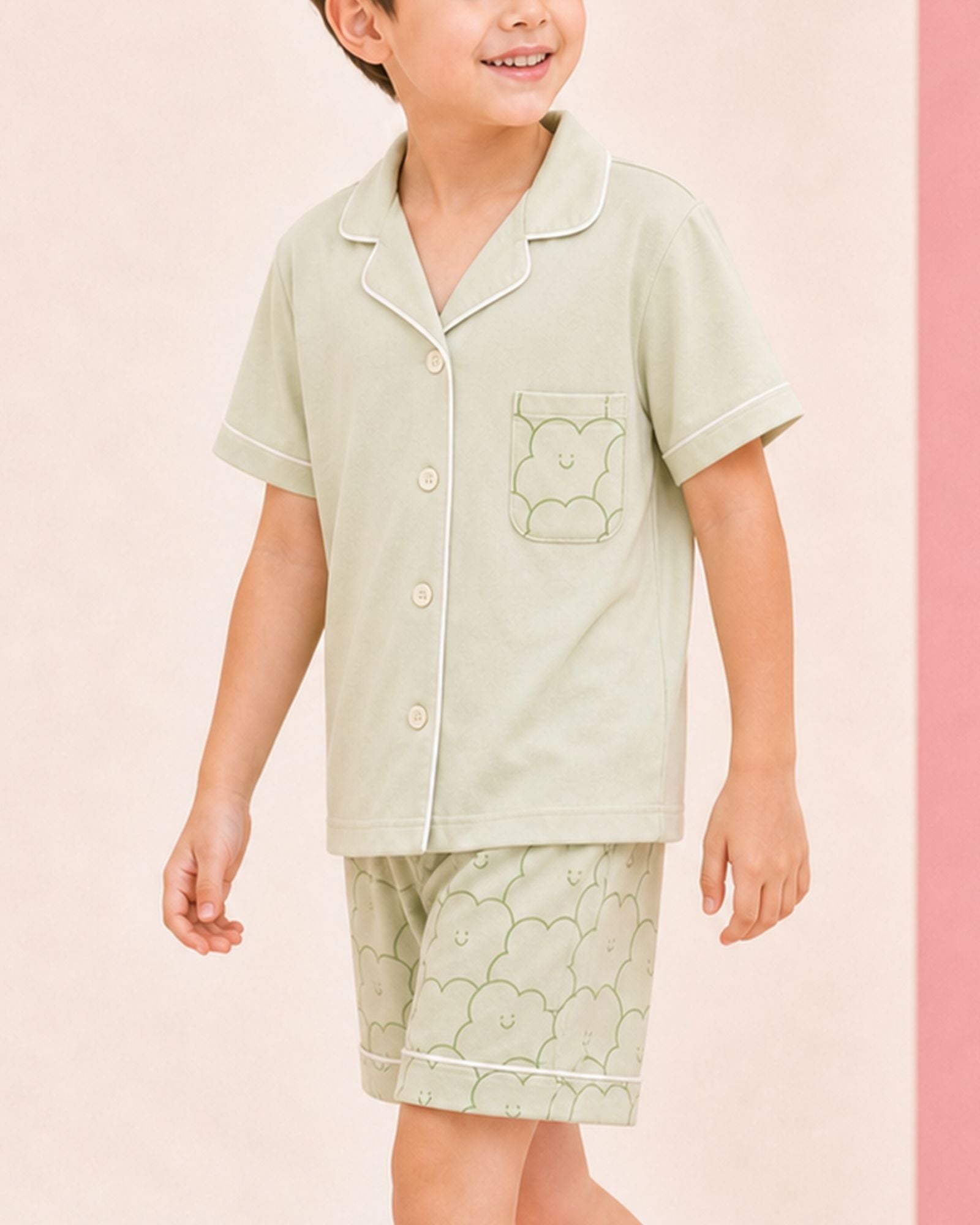 預購:兒童雲朵翻領家居服套裝 - 青檸蘇打
