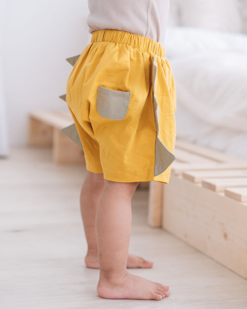 Baby shorts yellow, baby bloomer with dinosaur spikes, for 70-90cm babies, cotton made, over size, loose cut