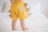 Baby shorts yellow, baby bloomer with dinosaur spikes, for 70-90cm babies, cotton made, over size, loose cut