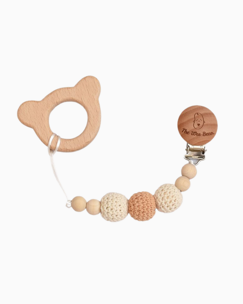Bear Wood Teether + Brown Clip