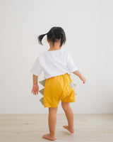 Baby shorts yellow, baby bloomer with dinosaur spikes, matching doodle tee, for 70-90cm babies.
