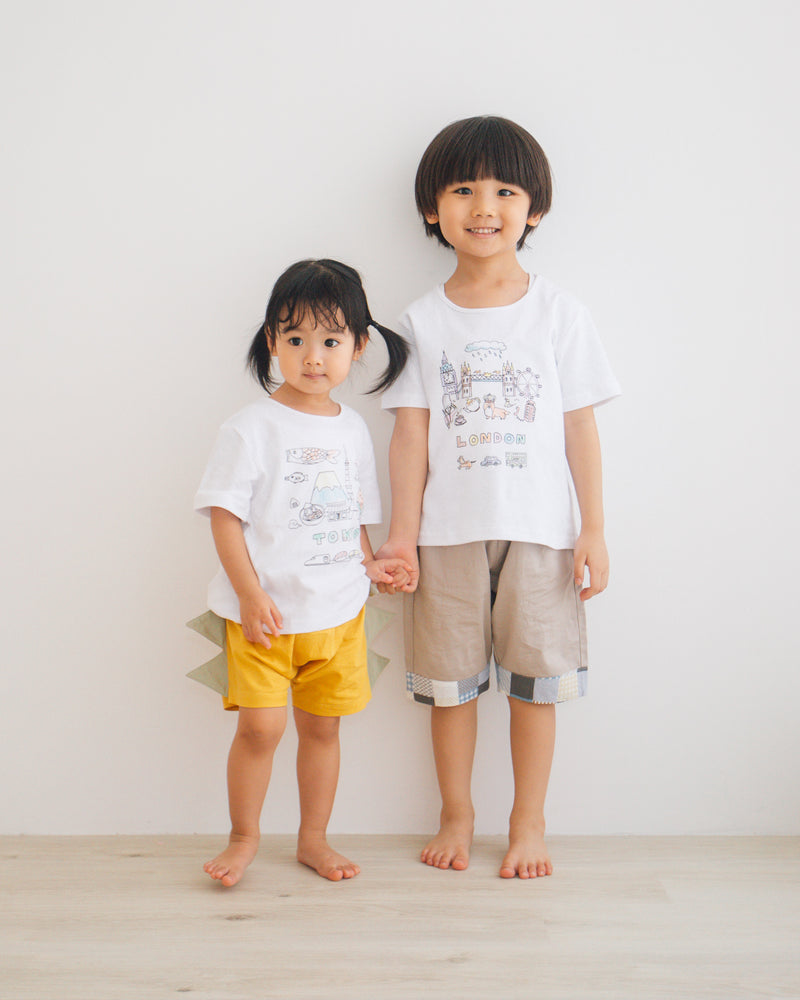 Baby shorts yellow, baby bloomer with dinosaur spikes, matching doodle tee, for 70-90cm babies.