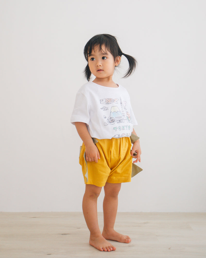 Baby shorts yellow, baby bloomer with dinosaur spikes, matching doodle tee, for 70-90cm babies.