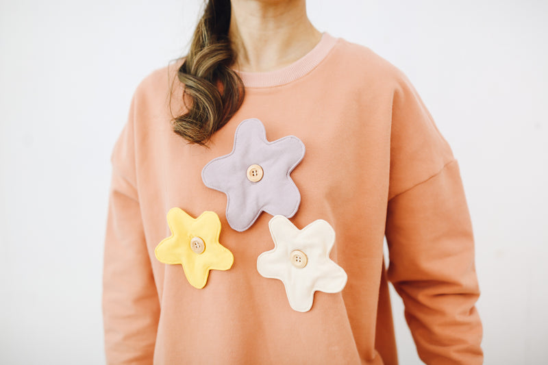 Mom Sweatshirt, Flower buttons, 100% Japanese Cotton